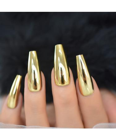 Metallic Coffin Nail Tips Extra Long False Press On Fake Nails Gold Chrome Mirror Punk Rock Full Cover Fingernail Decorations 24pcs/Set L5882-1