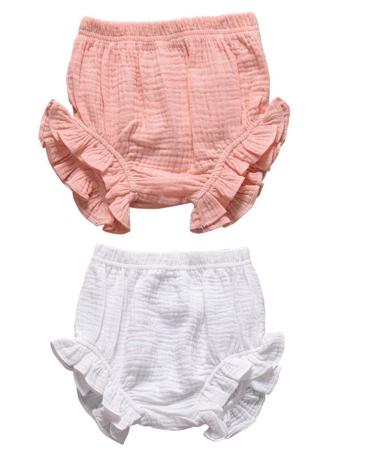 HASAKI 2Pcs Kids Linen Bloomer Shorts - Newborn Baby Girls Boys Toddler Diaper Cove 12-18 Months Pink+white