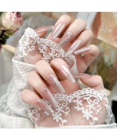 Temperament manicure pure hand-worn three-dimensional relief pattern nude silver star white long.(S) - Buy Online on GoSupps.com
