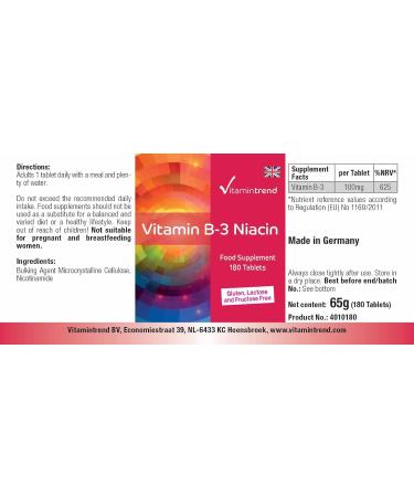 Vitamin B3 Niacin 100mg - 180 Vegan Tablets | 6 Months Supply - Vitamintrend USA & International Shipping - Buy Online on GoSupps.com