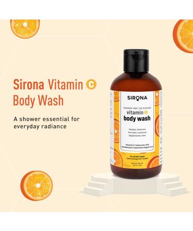 Sirona Natural Vitamin C Body Wash - 200ml Gel with Hyaluronic Acid & Sandalwood for Radiant Skin - Unisex Shower Gel - International Shipping - Buy Online on GoSupps.com