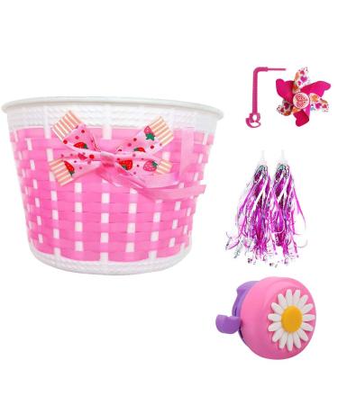 Liyamobu 4pcs Children's Bike Accessories-1 pc Girl's Bicycle Bell with 2 pcs Kids Bike Streamers,1pc Bike Front Handlebar Basket, and 1pc Bike Windmill Shiny Tassels+Long Pole