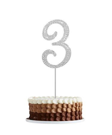KINBOM Number Cake Topper 4inch Birthday Cake Toppers Numbers Metallic Glitter Rhinestones Cake Topper for Party Anniversary Celebration Birthday Wedding Bling Cake Decorations (Silver 3)