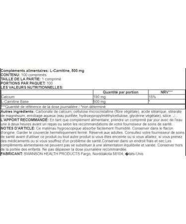 Swanson L-Carnitine 500mg - 100 tabs | Energy and Fat Burner Tablets Natural Supplement for Metabolism and Performance - Buy Online on GoSupps.com