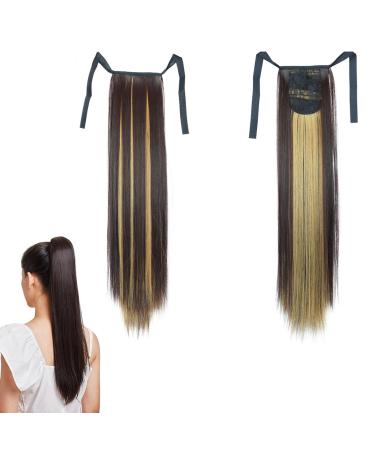 prinfantasy Clip In Ponytail Hair Extensions Long Drawstring Natural Look Heat Resistant Straight Hairpiece Wrap Pony Wig Ombre Dark Brown Mix Blonde Wig GBMW035 GBMW035 22 inch