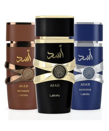LATTAFA Asad Asad Zanzibar & Asad Bourbon EDP Sprays 100ML (3.4 OZ) A Trio Of Bold Spicy & Warm Scents That Blend Sophistication With A Daring Edge. (ASAD SIGNATURE TRIO)
