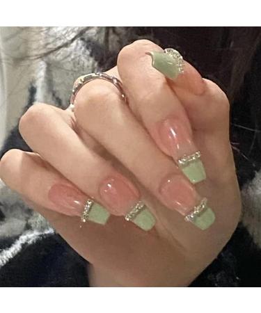 Detachable French False Nails Wearable Green Chain Rhinestone Ballerina False Nails Full Cover Nail Tips Press On Nails Long Ballerina - Buy Online on GoSupps.com