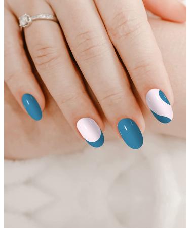 JUSTOTRY 24 Pcs Almond Press-On Nails | Glossy Full Cover Acrylic Fake Nails with French Steelblue Design | Nail Art Kit with Glue - Buy Online on GoSupps.com