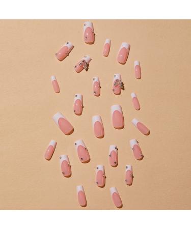 24Pcs Pink Rhinestone Square Long Press on Nails with Butterfly Charm - Glossy Acrylic Fake Nails for Women and Girls - Buy Online on GoSupps.com