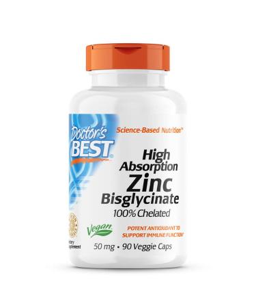 Doctor's Best High Absorption Zinc Bisglycinate 100% Chelated 50 mg 90 Veggie Caps