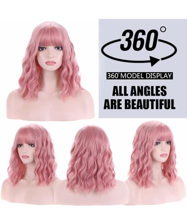 BERON 14 Women Girls Short Curly Synthetic Wig with Bangs - Lovely Pink 14 Inch - Buy Online on GoSupps.com