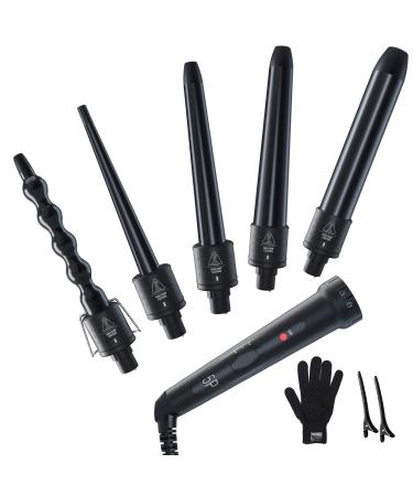 5 in 1 Curling Iron Wand Set, Ohuhu Upgrade Curling Wand 5Pcs 0.35 to 1.25 Inch Interchangeable Ceramic Barrel Heat Protective Glove, Dual Voltage Hair Curler, Black, Mother's Day Gift