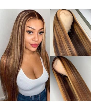Glueless 4/27 Highlight Human Hair Wigs Brazilian Straight Lace Front Wigs Transparent 13x6x1 Lace Wig 150% Density Ombre Brown Honey Blonde Highlight Human Hair Wigs for Black Women(22 Inch) 22 Inch Highlight-Straight