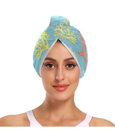 Colorful Corals Hair Towel 2 Pack Super Absorbent Hair Drying Towel Quick Dry Hair Turbans Head Towel with Button Twisty Wrap for Women Girls