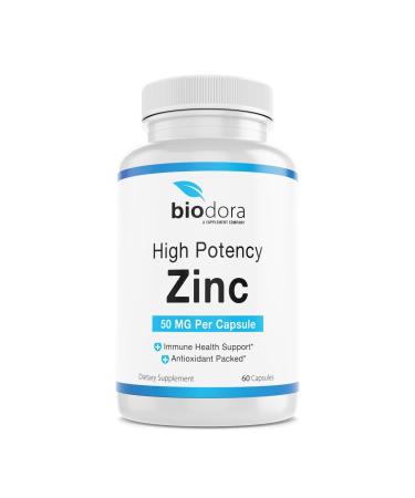 Biodora Zinc High Potency No GMO Vitamins for Good Skin Immune Support Supplement & Antioxidant Vegan 50mg Per Servings 60 Capsules Unflavoured