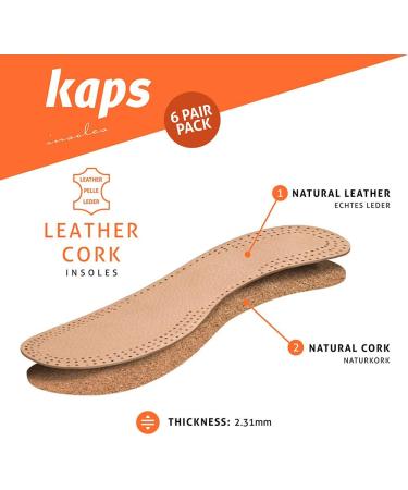 Kaps Leather Cork Shoe Insoles Set - 6 Pairs for Men and Women | Natural Leather with Cork Underlayer | Replacement Inserts | Size 44 EUR / 11 US Men - Buy Online on GoSupps.com