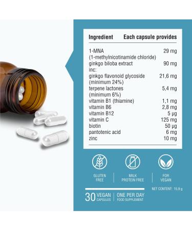 Endotelio 1-MNA Brain Anti-Aging Supplement Optimizes NAD+ with Ginkgo Biloba Zinc Biotin Vitamins C B1 B5 B6 B12 Mood Memory Concentration 30 Capsules - Buy Online on GoSupps.com