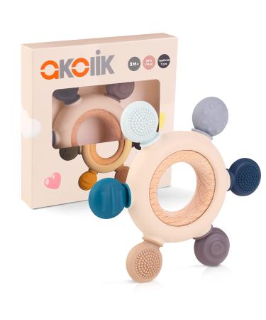 akolik Teething Toys for Baby Baby teether Silicone Teething for Babies 0-6 6-12 Months BPA-Free with Wooden Ring Silicone Chewable Teether Rudder A