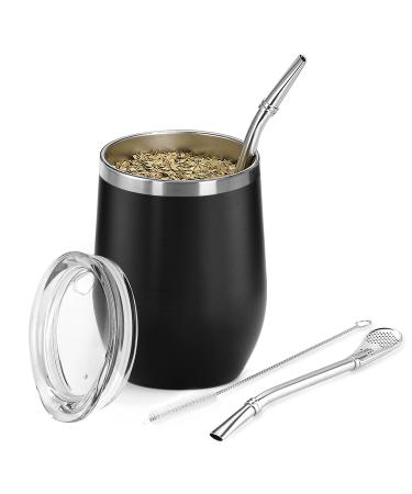 Telanks Mate Becher 340 ml mate tea cup double -walled 18/8 stainless steel contains bombillas and a cleaning brush Yerba Mate cup (black) black 1