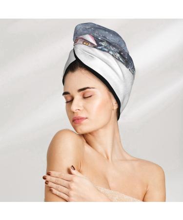 Hair Towel Wrap - Quick Drying Hair Turban with Button | Watercolor Winter Landscape Design for Christmas | Ideal for Fast and Easy Hair Drying - Buy Online on GoSupps.com