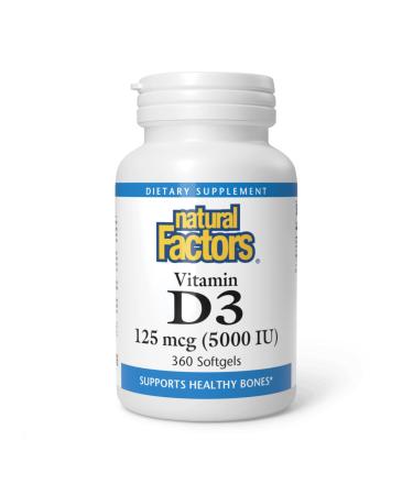Natural Factors, Vitamin D3 5000 IU (125 mcg), Supports Strong Bones, Muscles and Immune Function, 360 Softgels 360 Count (Pack of 1)
