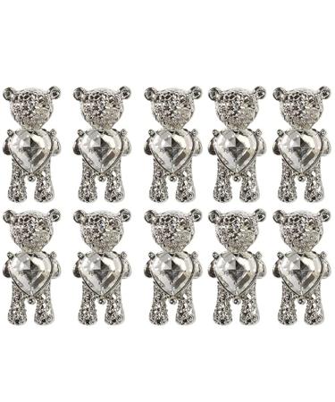 CeFoney Nail Art Rhinestone Kit Cute Bear Design Nail Decoration Set 10 Pieces Bear Nail Art Decoration 3D Metal Nail Jewellery Charms Crystal Nail Art Accessories for Women and Girls Kleine silver