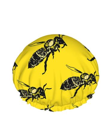 Moslion Bee Shower Caps Honey Bee Bumblebee Yellow Background Natural Wildlife Cool Animal Wings Women Reusable Double Layer Hair Cover Soft Shower Hat for All Hair Length Shower Hair Cap a395