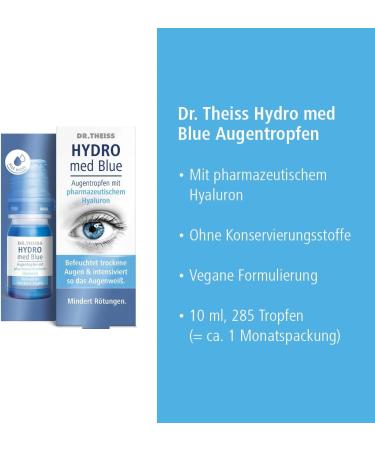 Dr. Theiss Hydro Med Blue Eye Drops | Hyaluronic Acid for Dry Eyes | Intensifies Eye Whiteness | Reduces Redness | Preservative-Free Eye Relief - Buy Online on GoSupps.com