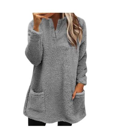 AMhomely Ladies Womens Soft Teddy Fleece Hooded Jumper Plus Size Double Fleece Casual Hoodies With Pocket V Neck Soft Fleece Hooded Sweatshirts Plain Pullover Tops Winter Lightweight Lounge Tops 01 Grey M