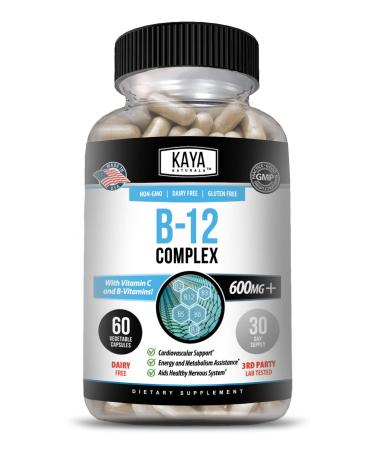 Kaya Naturals B-12 Complex (60 Capsules) | Multivitamin Supplement for Women & Men | Energy and Metabolism Booster | B-Complex Vitamin Supplement with Biotin Choline Inositol Folate and Vitamin C 60 Count (Pack of 1)