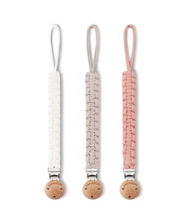 Kapihouse Pacifier Clip for Girl 9.2 Inch Pacifier Leashes woodern Clips Teething Toy with Handmade Braided Cotton Modern Unisex Baby Shower Birthdays Christmas Set (3 Pack Grils) White beige pink