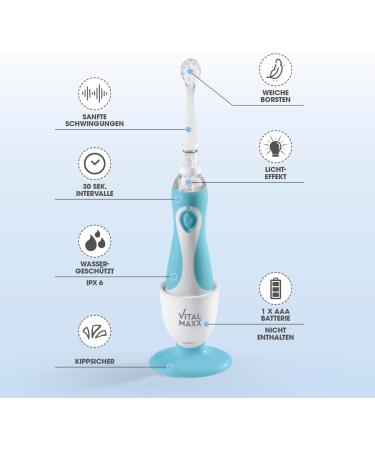 Vitalmaxx Electric Toothbrush for Babies & Children - Soft Bristles LED Light Timer 3 Replacement Brushes - Gentle Dental Care | Blue & White - Buy Online on GoSupps.com
