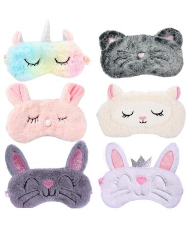 6 Pack Cute Animal Unicorn Sleep Mask for Girls Soft Plush Blindfold Cute Unicorn Rabbit Cat Sheep Sleeping Masks Eye Cover Eyeshade for Kids Teens Girls Women Plane Travel Nap Night Sleeping