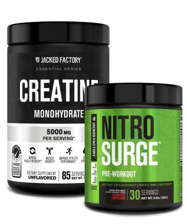 Jacked Factory Nitrosurge Pre-Workout & Creatine Monohydrate - Pre Workout Powder with Creatine for Muscle Growth Increased Strength Endless Energy - Cherry Limeade Preworkout & Unflavored Creatine