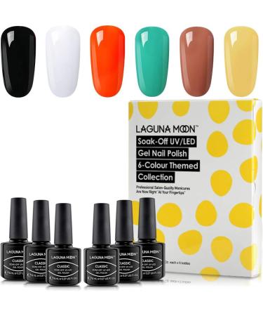 6-Piece LagunaMoon Gel Nail Polish Set - Black White Orange Teal Yellow Brown High-Shine Kit for Salon Quality DIY Nails - UV LED Soak Off Lacquer Varnish Manicure Pedicure Neon Cutie - Buy Online on GoSupps.com