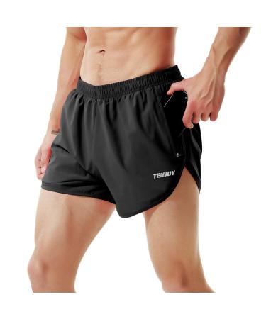 TENJOY Men's Running Shorts Gym Athletic Workout Shorts for Men 3 inch Sports Shorts with Zipper Pocket Black Medium