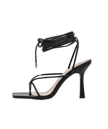Women's Lace Up Heeled Sandals, Square Flip Flop High Heels Summer Fashion Strappy Open Toe Slide Shoes Black 6.5