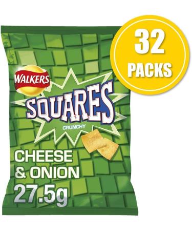 Walkers Crisps Squares Cheese and Onion Snacks Box 27.5 g (Case of 32) (Packaging may vary) & Crisps Quavers Cheese Snacks Box 20 g (Case of 32) + Cheese Snacks Box Cheese and Onion Potato 27.5 g (Pack of 32) - Buy Online on GoSupps.com