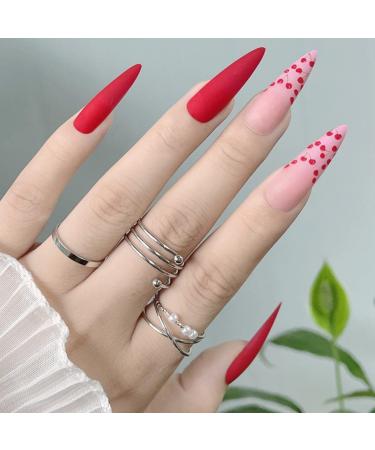 JUSTOTRY 24 Pcs Stiletto Fake Nails Long with Cherry Red French Press on Nails Patterns Beautiful Matte Almond Stick on Nails for Women Acrylic Extra Long False Nails Long with Glue for Nail Art Cherry& Stiletto1