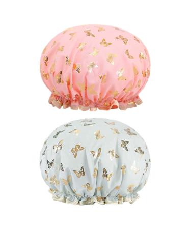 Bath Caps Elastic Band Waterproof Shower Caps With Ruffled Edge Covering Ears Keeping Hair Dry Kitchen Oil-proof Cap for Girls and Women (butterfly)