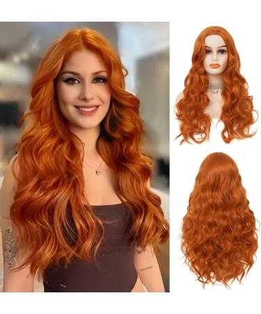 Orange ginger wig Long curly wavy wave for women Synthetic natural mean middle part copper red wig for daily party use yellow - Buy Online on GoSupps.com