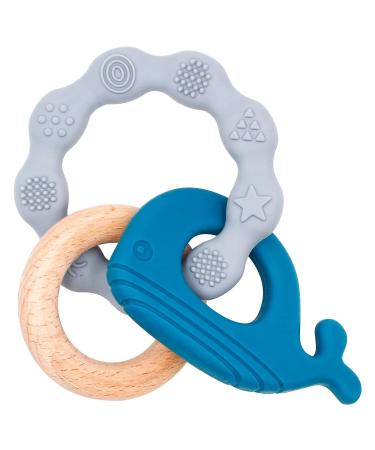 Bite ring baby whale silicone bite ring toys animal wooden baby toothed aid bpa-free pain-relieving teething just-going accessories for 3 months (blue) whale blue
