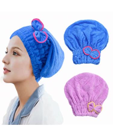 Haomye Microfiber Hair Drying Towel Absorbent Towel with Bow-Knot Shower Cap Quick Dry Hair Turban for Women and Girls 2Pcs (Blue&Purple)