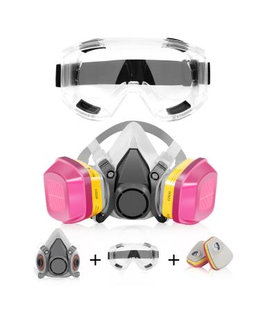 Half Face Respirator Mask with 60923 Filter Reusable Gas Mask with Anti-Fog Goggle Paint Mask for Dust Painting Organic Vapor Epoxy Resin Welding Construction Work Woodworking Chemical Pink (With Goggle)