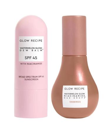 Glow Recipe Sun-Kissed Kit - Watermelon Glow SPF Dew Balm Sunscreen (0.58 oz) + Niacinamide Hue Drops Serum with Hyaluronic Acid (40 ml) - Protect from UVA Rays & Brighten Skin with a Warm Sun Glow