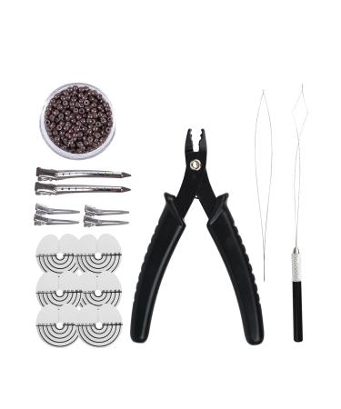 Hair extension set microring pliers for hair extensions 3 mm nano-rings silicone feed micropers tension needle and loop thread brown 500 pieces