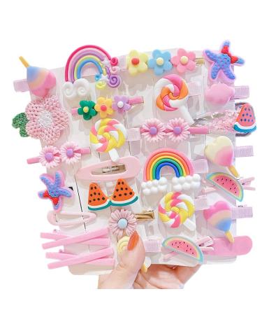 28 pieces of sweet hair clips fashionable hair accessories for girls flowers fruits colorful rainbow sweets desserts cute animal hair-clock set non-slip metal pressure buttons (pink)