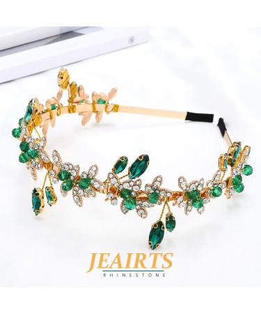 Green Rhinestone Gold Leaf Wedding Headpiece - Bridal Crystal Hair Hoop for Women and Girls - Buy Online on GoSupps.com