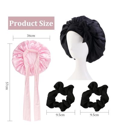 Silk Sleep Hood Bonnet Set - 2 Adjustable Satin Sleeping Caps with Hair Ties - Women's Sleepwear (Black & Pink) - Buy Online on GoSupps.com