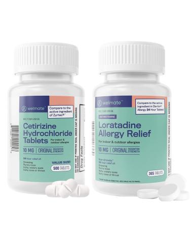 WELMATE 24-Hour Allergy Relief Bundle | Cetirizine 10mg + Loratadine 10mg | Non-Drowsy Antihistamines | 500 + 365 Tablets
